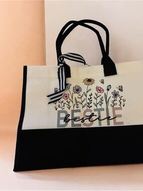 Amazon Canvas Tote Bag with Floral Print - Black & Cream